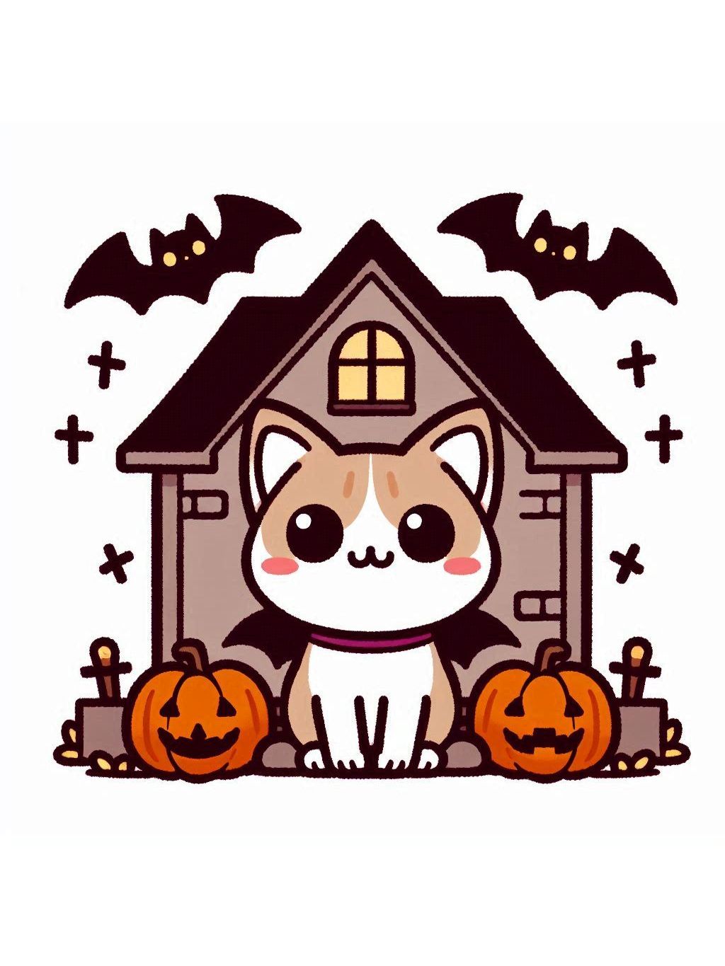 halloween cute animals drawings, featuring a cute cat sitting in front of a haunted house with pumpkins and flying bats.
